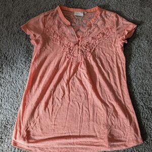 Anthropologie Deletta Deep Bright Peach Lace Detail Top